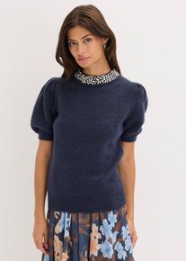 bonprix Pullover mit Strass-Applikation, blau, Gr.36/38 (S), weicher Strickpullover mit Puff&auml;rmeln und dekorativer Strass-Applikation vorne am Ausschnitt