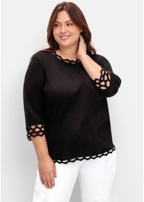 sheego Gro&szlig;e Gr&ouml;&szlig;en 3/4 Arm-Pullover mit Zierborte, schwarz, Gr&ouml;&szlig;e 54 - Damen