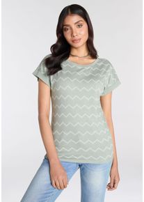 Kurzarmshirt Kangaroos, Damen, Gr. 48/50, gr&uuml;n (gr&uuml;n, grau, wei&szlig;), Single Jersey, Obermaterial: 50% Baumwolle, 50% Modal, bedruckt, gemustert, gestreift, figurumspielend h&uuml;ftbedeckend, Rundhals, angeschnitten,mit Aufschlag, Shirts Kurzarmshirt, mit Zick-Zack-Muster