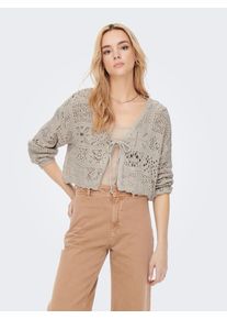 Strickjacke Only "ONLBEACH LIFE 7/8 O-N CARDIGAN KNT NOOS", Damen, Gr. S, grau (pumice stone), Strick, Obermaterial: 50% Baumwolle, 50% Polyester, unifarben, loose fit kurz, V-Ausschnitt, Strickjacken Strickjacke, mit H&auml;kel-Details