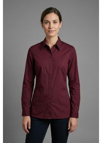 Langarmbluse bonprix "Long-Stretch-Bluse", Damen, Gr. 52, rot (ahornrot), Obermaterial: 72% Baumwolle, 26% Polyamid, 2% Elasthan, festlich, loose fit, Blusen Langarmbluse, lockere Passform, mit Stehkragen, mit verdeckter Knopfleiste