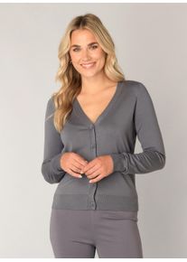 Strickjacke Base Level "Yvon", Damen, Gr. 44, grau (dunkelgrau), Strick, Obermaterial: 80% Viskose, 20% Nylon, unifarben, figurbetont h&uuml;ftlang, V-Ausschnitt, B&uuml;ndchen, Strickjacken Strickjacke, mit V-Ausschnitt