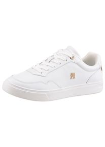 Plateausneaker Tommy Hilfiger "ESSENTIAL ELEVATED COURT SNEAKER", Damen, Gr. 36, gold (wei&szlig;, goldfarben), Leder, Schuhe Plateausneaker, Freizeitschuh, Halbschuh, Schn&uuml;rer im Basket-Look