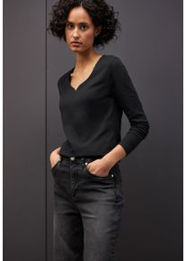 Langarmshirt Street One, Damen, Gr. 38, schwarz, Jersey, Obermaterial: 95% Baumwolle, 5% Elasthan. Futter: 95% Baumwolle, 5% Elasthan, unifarben, figurbetont h&uuml;ftbedeckend, herzf&ouml;rmiger Ausschnitt, Shirts Langarmshirt, mit Herzausschnitt
