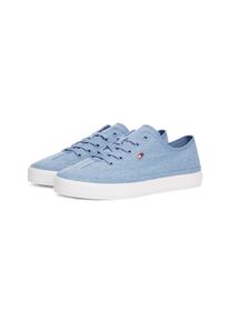 Plateausneaker Tommy Hilfiger "WASHED CANVAS VULC SNEAKER", Damen, Gr. 39, blau (hellblau), Baumwolle, Schuhe Plateausneaker, Freizeitschuh, Halbschuh, Schn&uuml;rer mit seitlicher Logoflagge