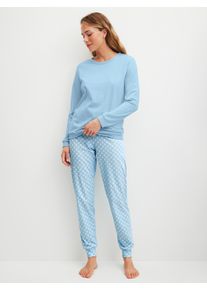 Schlafanzug Calida "Lovely Nights", Damen, Gr. S (40/42), cascade blau, Single Jersey, Obermaterial: 100% Baumwolle, bequem lang, Rundhals, angesetztes B&uuml;ndchen, Homewear-Sets Schlafanzug, Oberteil uni, Hose gestreift, Rundhalsausschnitt, weich, Langarm