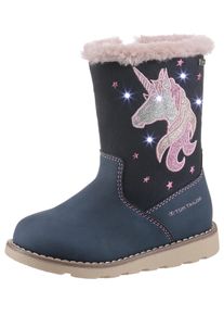Winterstiefel Tom Tailor "Blinkschuh", M&auml;dchen, Gr. 30, dunkelblau, Lederimitat, Textil, Glitzer, Schuhe Winterstiefel, Langschafttstiefel, Kinderstiefel mit blinkendem Einhornmotiv