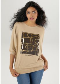 Fledermausshirt Aniston SELECTED, Damen, Gr. 48, braun (taupe, dunkelbraun, goldfarben), Single Jersey, Obermaterial: 95% Viskose, 5% Elasthan, bedruckt, leicht gl&auml;nzend, oversize h&uuml;ftbedeckend, Rundhals, Fledermaus&auml;rmel B&uuml;ndchen, Shirts Fledermausshirt, mit goldfarbenem Folienprint, Topseller