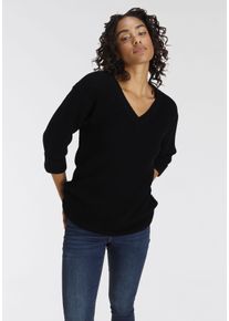 V-Ausschnitt-Pullover Flashlights, Damen, Gr. 48/50, schwarz, Strick, Obermaterial: 50% Baumwolle, 50% Polyacryl, unifarben, Basic, l&auml;ssig geschnitten Po-bedeckend, V-Ausschnitt, Pullover V-Ausschnitt-Pullover, bequem geschnitten mit 3/4 &Auml;rmeln