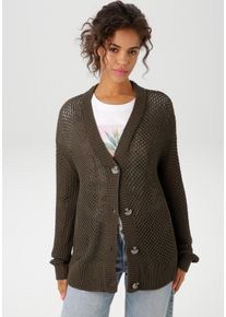 Strickjacke Aniston CASUAL, Damen, Gr. 46, gr&uuml;n (khaki), Strick, Obermaterial: 100% Polyacryl, unifarben, l&auml;ssig geschnitten h&uuml;ftbedeckend, V-Ausschnitt, Rippstrickb&uuml;ndchen, Strickjacken Strickjacke, mit trendigem Lochstrick-Muster