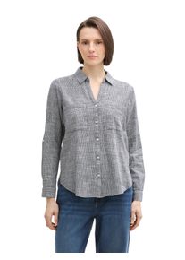 Langarmbluse Tom Tailor "Regular", Damen, Gr. 44, midnight navy blau, Web, Obermaterial: 100% Baumwolle, kariert, regular fit h&uuml;ftbedeckend, V-Ausschnitt, Krempel&auml;rmel,mit Kn&ouml;pfen, Blusen Langarmbluse, mit Brusttaschen