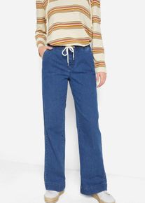 Weite Jeans bonprix "Wide Leg Jeans Mid Waist, Stretch", Damen, Gr. 40, N-Gr, blau (blau denim), Denim/Jeans, Obermaterial: 82% Baumwolle, 17% Polyester, 1% Elasthan, unifarben, loose fit lang, Jeans Weite Jeans, Loose Fit Passform, mit elastischem Bund und Tunnelzug