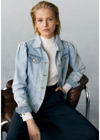 Jeansjacke Vivance, Damen, Gr. 40, blau (blau, washed), Denim/Jeans, Obermaterial: 100% Baumwolle, used, figurumspielend h&uuml;ftlang, Manschette, Jacken Jeansjacke, mit Puff&auml;rmeln und Kn&ouml;pfen, Ziertaschen, Denim, Topseller