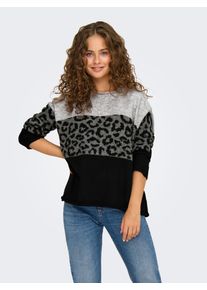 Rundhalspullover Only "ONLJADE ANIMAL LS O-NECK NOOS KNT", Damen, Gr. S, grau (light grau melange pattern:with mgm, schwarz), Strick, Obermaterial: 81% Polyacryl, 19% Polyester, gemustert, meliert, regular fit normal, Rundhals, Rippstrickb&uuml;ndchen, Pullover Rundhalspullover, Kunstfaser, regular fit