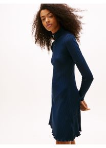 A-Linien-Kleid Tommy Jeans "TJW F&F RIB LETTUCE EDGE DRESS", Damen, Gr. XS (34), N-Gr, schwarz night navy, Web, Obermaterial: 95% Baumwolle, 5% Elasthan, unifarben, figurbetont, Kleider A-Linien-Kleid, in gerippter Struktur