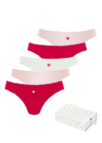 String Lascana "Geschenk Box", Damen, Gr. 36/38, rot (rot, creme, rosa), Single Jersey, Obermaterial: 95% Baumwolle, 5% Elasthan. Spitze: 90% Polyamid, 10% Elasthan, bedruckt, gemustert, unifarben mit Farbeins&auml;tzen, k&ouml;rpernah, Unterhosen String, mit s&uuml;&szlig;en Herzchen-Prints und aus elastischer Baumwoll-Qualit&auml;t