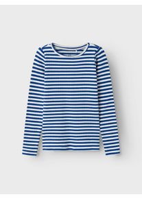 Langarmshirt name it "NKFSURAJA XSL LS TOP NOOS", M&auml;dchen, Gr. 122 (128), blau (surf the web), Jersey, Obermaterial: 95% Baumwolle, 5% Elasthan, unifarben, slim fit h&uuml;ftbedeckend, Rundhals, abgesteppte Kante, Shirts Langarmshirt, toller Ringel-Look in gerippter Qualit&auml;t