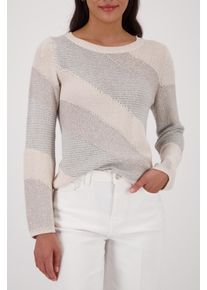 Strickpullover monari "Pullover Materialmix", Damen, Gr. 42, beige, Strick, Obermaterial: 45% Baumwolle, 29% Viskose, 19% metallisierte Fasern, 7% Leinen, unifarben, regular fit taillenbedeckt, Rundhals, eingesetzt Rippstrickb&uuml;ndchen, Pullover Strickpullover, Regular fit mit Glanzdetails