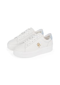 Plateausneaker Tommy Hilfiger "PLATFORM COURT SNEAKER", Damen, Gr. 42, blau (wei&szlig;, hellblau), Leder, Schuhe Plateausneaker, Freizeitschuh, Halbschuh, Schn&uuml;rschuh mit TH-Schmuckelement
