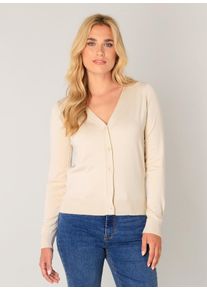 Strickjacke Base Level "Yvon", Damen, Gr. 42, beige, Strick, Obermaterial: 80% Viskose, 20% Nylon, unifarben, figurbetont h&uuml;ftlang, V-Ausschnitt, B&uuml;ndchen, Strickjacken Strickjacke, mit V-Ausschnitt
