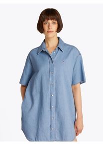 Hemdblusenkleid Tommy Jeans CURVE "SS SHIRT DRESS EXT", Damen, Gr. XL (42), N-Gr, blau (denim light), Web, Obermaterial: 100% Baumwolle, unifarben, Po-bedeckend, Kleider Hemdblusenkleid, in Gro&szlig;en Gr&ouml;&szlig;en