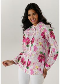 Hemdbluse Aniston SELECTED, Damen, Gr. 36, bunt (pink, sanftes wei&szlig;, rose, gelb, kiwigr&uuml;n, beige, schwarz, terra, lila), Web, Obermaterial: 100% Viskose, bedruckt, gebl&uuml;mt, figurumspielend h&uuml;ftbedeckend, 1-Knopf-Manschette, Blusen Hemdbluse, mit farbenharmonischen Bl&uuml;tendruck