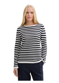 Rundhalspullover Tom Tailor "Regular", Damen, Gr. XXXL(46), blau (schwarz navy wei&szlig; stripe), Strick, Obermaterial: 100% Baumwolle, gestreift, regular fit normal, U-Boot-Ausschnitt, Pullover Rundhalspullover, aus Rippstrick