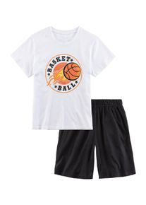 Pyjama AUTHENTIC LE JOGGER, Jungen, Gr. 158/164, schwarz-wei&szlig; (wei&szlig;, schwarz), Jersey, Obermaterial: 100% Baumwolle, unifarben, Basic, bequem kurz, Rundhals, abgesteppte Kante, Homewear-Sets Pyjama, Schlafanzug mit Basketball-Aufdruck, Topseller