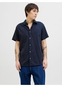 Jack & Jones Kurzarmhemd JACK & JONES "JJPIERRE SLUB SHIRT SS", Herren, Gr. S, N-Gr, blau (sky captain), Web, Obermaterial: 100% Baumwolle, unifarben, Basic, Hemden Kurzarmhemd