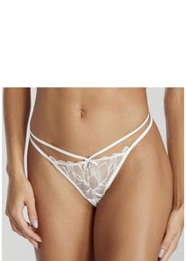 String Lascana "Amira-Kollektion", Damen, Gr. 32/34, beige (champagner), Spitze, Obermaterial: 76% Polyester, 18% Polyamid, 6% Elasthan, Unterhosen String, mit schimmernder Spitze und aufregender B&auml;nder-Optik