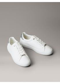 Sneaker Calvin Klein "LACE UP SNEAKER W/SILVER BT CK", Damen, Gr. 40, wei&szlig;, silberfarben, Leder, unifarben mit Farbeinsatz, Schuhe Sneaker, Schn&uuml;rschuh, Halbschuh, Freizeitschuh mit gepolstertem Schaftrand