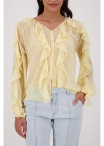 Georgettebluse monari "Bluse Georgette R&uuml;schen", Damen, Gr. 42, past gelb, Web, Obermaterial: 100% Polyester, unifarben, regular fit taillenbedeckt, V-Ausschnitt, eingesetzt eingefasste Kante, Blusen Georgettebluse, Regular fit mit Volants