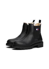 Chelseaboots Tommy Jeans "TJW CHELSEA BOOT WL", Damen, Gr. 37, schwarz, Elastischer Einsatz, Leder, unifarben, Schuhe Chelseaboots, Blockabsatz, Stiefelette mit typischer Logoflagge