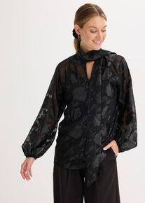 bonprix Schlupfbluse mit Stickerei, schwarz, Gr.46, Modern und feminin: Bluse floraler Stickerei mit Glanz und Binde-Detail am Kragen