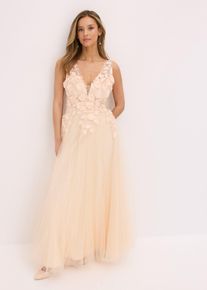 bonprix Maxikleid aus zartem T&uuml;ll mit Blumen-Applikation, beige, Gr.38, Romantisch und feminin: Bezauberndes Abendkleid in Maxi-L&auml;nge aus zartem T&uuml;ll mit Blumen-Applikation im Oberteil