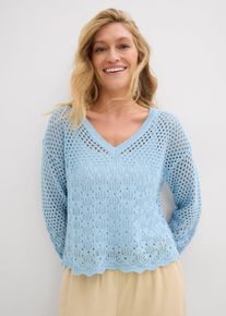 bonprix Leichter Ajour-Pullover, blau, Gr.48/50 (XL), Luftiger Strickpullover mit Blumen-Details, 50% Baumwolle