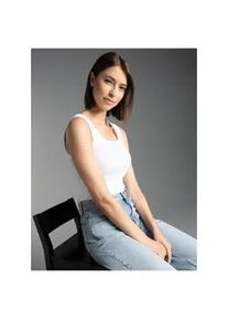 Tanktop TRIGEMA "TRIGEMA Tr&auml;gershirt mit Kristallsteinen", Damen, Gr. L, wei&szlig;, Feinripp, 95% Baumwolle, 5% Elastan, lang, Rundhals, Tops Tanktop