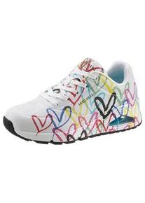 Wedgesneaker Skechers "UNO-SPREAD THE LOVE", Damen, Gr. 36, wei&szlig; (wei&szlig;, bunt allover), Lederimitat, kontrastfarbene Details, Schuhe, Freizeitschuh, Halbschuh, Schn&uuml;rschuh mit coolem Graffiti-Print
