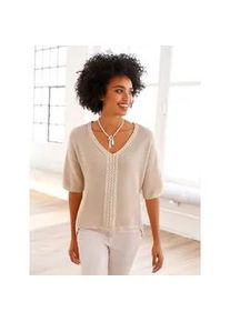 V-Ausschnitt-Pullover Heine "Pullover", Damen, Gr. 48, beige (elfenbeinfarben), 100% Baumwolle, unifarben, Pullover