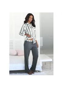 Pyjama Vivance DREAMS, Damen, Gr. 32/34, grau (grau, wei&szlig;), Single Jersey, Obermaterial: 100% Baumwolle, gestreift, klassisch lang, Krempel&auml;rmel,mit Knopf Manschette, Homewear-Sets Pyjama, im Hemdblusenlook, Topseller