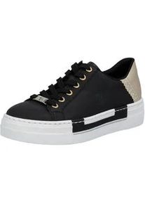 Plateausneaker Rieker, Damen, Gr. 38, schwarz (schwarz, goldfarben), Lederimitat, Schuhe Skaterschuh Sneaker low, mit Metallic-Fersenkappe, Freizeitschuh, Halbschuh, Schn&uuml;rschuh