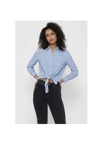 Hemdbluse Only "ONLLECEY LS KNOT SHIRT NOOS WVN", Damen, Gr. XS, blau (cloud dancer stripes medium blau), Web, Obermaterial: 63% Polyester, 27% Viskose, 10% Nylon, gestreift, regular fit kurz, Manschette, Blusen Hemdbluse