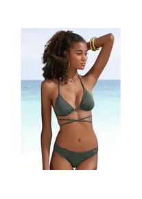 Triangel-Bikini Bruno Banani, Damen, Gr. 36, Cup C/D, gr&uuml;n (oliv), Microfaser, Recycling-Polyamid, unifarben, Bikini-Sets Triangel-Bikini, unifarben mit langem Bindeband