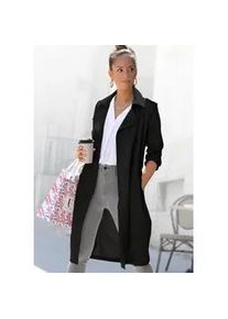 Trenchcoat Lascana, Damen, Gr. 42, schwarz, Web, Obermaterial: 79% Polyester, 17% Viskose, 4% Elasthan, unifarben, figurumspielend knielang, V-Ausschnitt, gerader Abschluss, M&auml;ntel, zum Regulieren, leichter Damenmantel ohne Futter, casual-chic