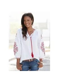 Langarmbluse Lascana, Damen, Gr. 34, bunt (wei&szlig;, rot, blau), Web, Obermaterial: 100% Viskose, unifarben, figurumspielend h&uuml;ftlang, V-Ausschnitt, Raglan&auml;rmel, Blusen, mit Stickerei, Damenbluse, Tunika, Boho-Style