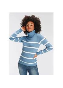 Rollkragenpullover Kangaroos, Damen, Gr. 32/34, blau (hellblau, wollwei&szlig;), Strick, Obermaterial: 60% Baumwolle, 40% Polyacryl, geringelt, gestreift, normal h&uuml;ftbedeckend, Rippstrickb&uuml;ndchen, Pullover Rollkragenpullover, in l&auml;ssiger Form mit Kontraststreifen, Topseller