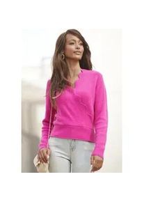 Strickpullover Lascana, Damen, Gr. 40/42, pink (fuchsia), Strick, Obermaterial: 50% Viskose, 28% Polyester, 22% Polyamid, unifarben, figurbetont h&uuml;ftlang, V-Ausschnitt, Pullover Strickpullover, mit Wellenkante, modischer Damenpullover mit besonderem Ausschnitt