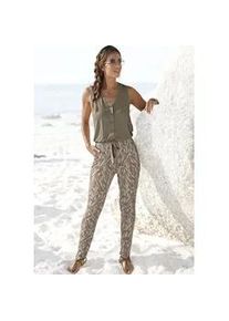 Overall Buffalo, Damen, Gr. 44, N-Gr, bunt (khaki, sand bedruckt), Jersey, Obermaterial: 100% Viskose, bedruckt, figurumspielend lang, V-Ausschnitt, Overalls Overall, im 2-in-1-Look, sommerlicher Jumpsuit mit schmalem Bein