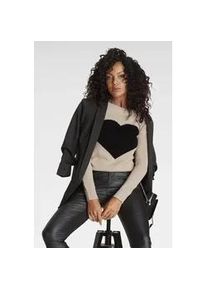 Strickpullover Laura Scott, Damen, Gr. 38, beige (beige, schwarz), Strick, Obermaterial: 50% Baumwolle, 50% Polyacryl, Jacquardmuster, mehrfarbig, l&auml;ssig geschnitten h&uuml;ftlang, U-Boot-Ausschnitt, B&uuml;ndchen, Pullover Strickpullover, mit Herz-Strickmuster