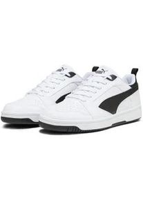 Sneaker Puma "REBOUND V6 LOW", Damen, Gr. 45, schwarz-wei&szlig; (Puma wei&szlig;, Puma schwarz, Puma schwarz), Synthetik, unifarben, Schuhe Sneaker, niedrig geschnitten, mit Schn&uuml;rverschluss, aus getrommeltem Leder